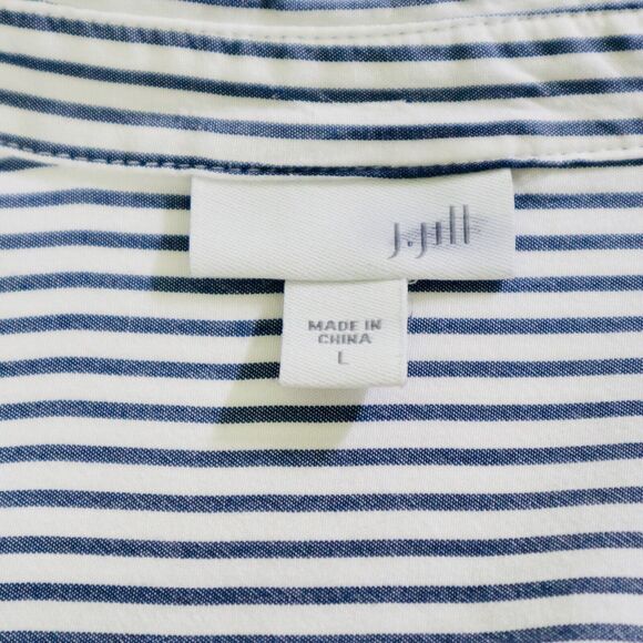 J Jill Size L Woven Rayon Button Down Shirt Contrast Stripe Blue White - Picture 8 of 9